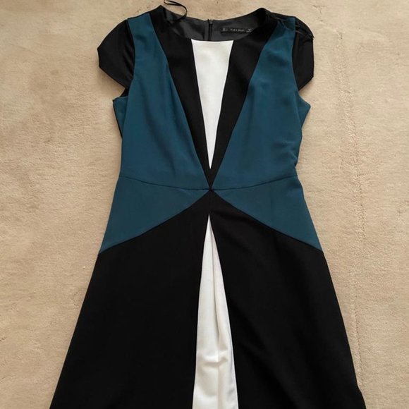 Zara women's A-Line Dress Colorblock Cap Sleeve Teal Black white - Picture 2 of 4